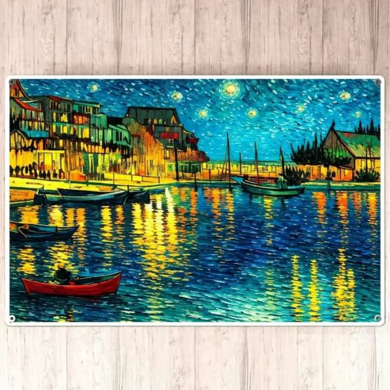 20x30cm Impressionist Sunflower House Village Figure Moon Starry Sky Wall Decor HD Metal Tin Sign for Home Decor