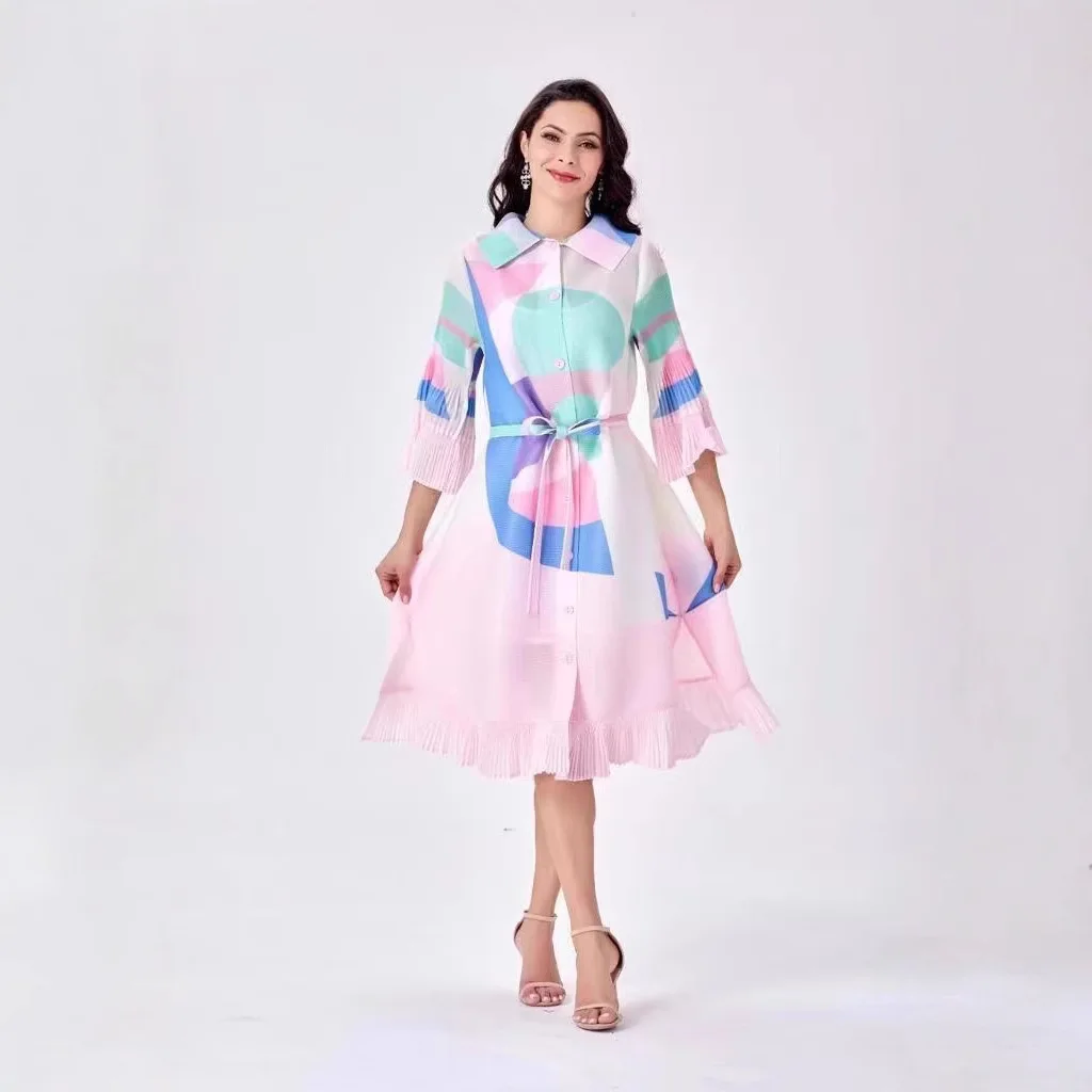 2025 Maxiจีบชุดผู้หญิงLapelเดี่ยวแขนยาวสีบล็อกพู่HemหลวมChicเสื้อผ้าฤดูใบไม้ร่วง