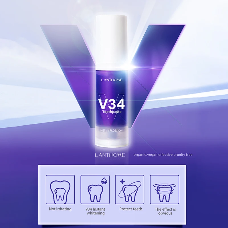 V34 Teeth Whitening Purple Corrector Toothpaste Enamel Care Removal Plaque Stain Reduce Yellowing Oral Clean Care Easy Smile