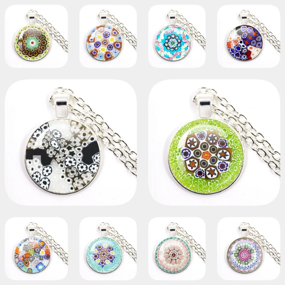 Murano Millefiori Pendant Necklace Multi Colour Flower 25mm Glass Cabochon Necklace Jewelry Women Gift Wholesale Part 2
