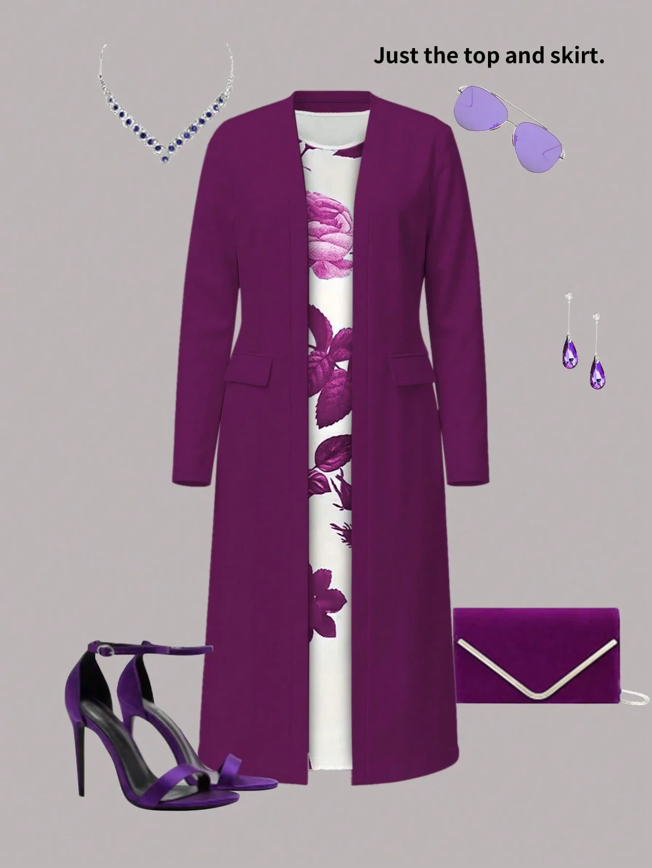 

Elegant Women 2-Piece Set: Long Jacket And Floral Print Dress