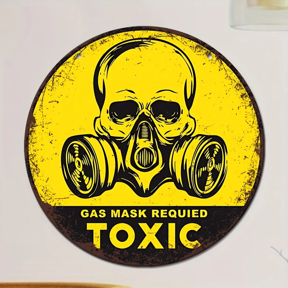 1pc Retro Round Metal Aluminum Sign, Toxic Hazard Symbol, In Need Of Gas Mask Sign, Wall Art Decor, Interesting Iron Painting, V