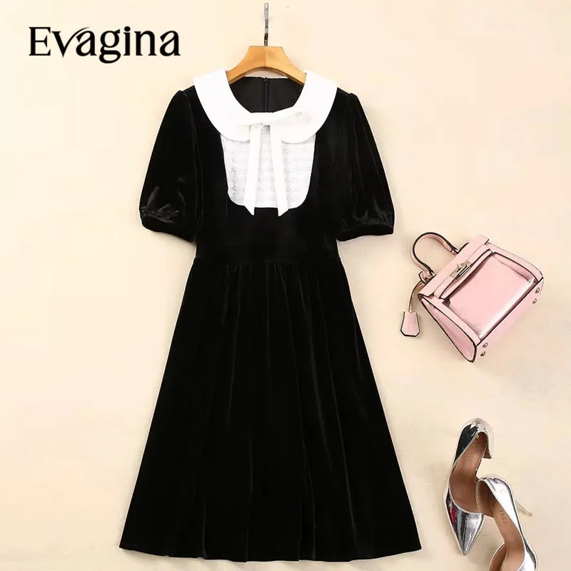 

Evagina New Fashion Runway Designer Women's Flip Collar Bowtie Short Sleeved Nail Beads Sequin Velvet Retro Dress