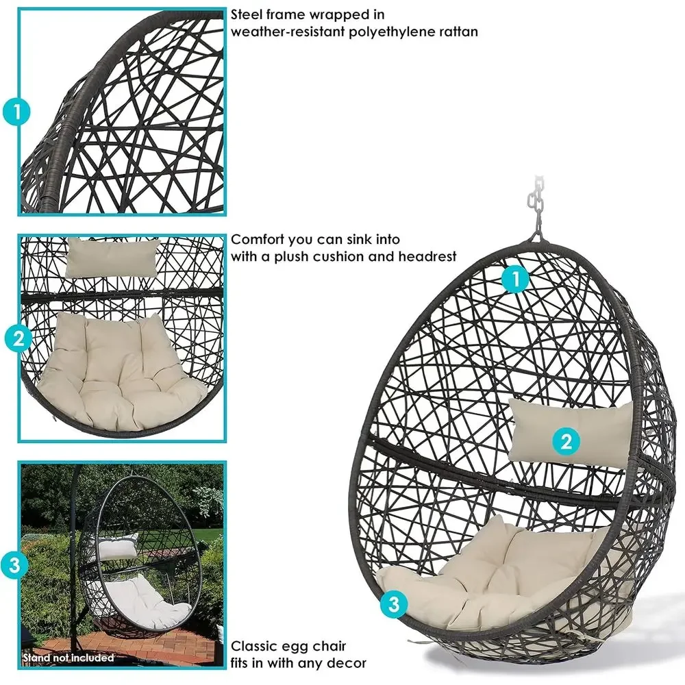 Resin Wicker Egg Chair with Beige Polyester Cushions, Supports Up to 265 Pounds