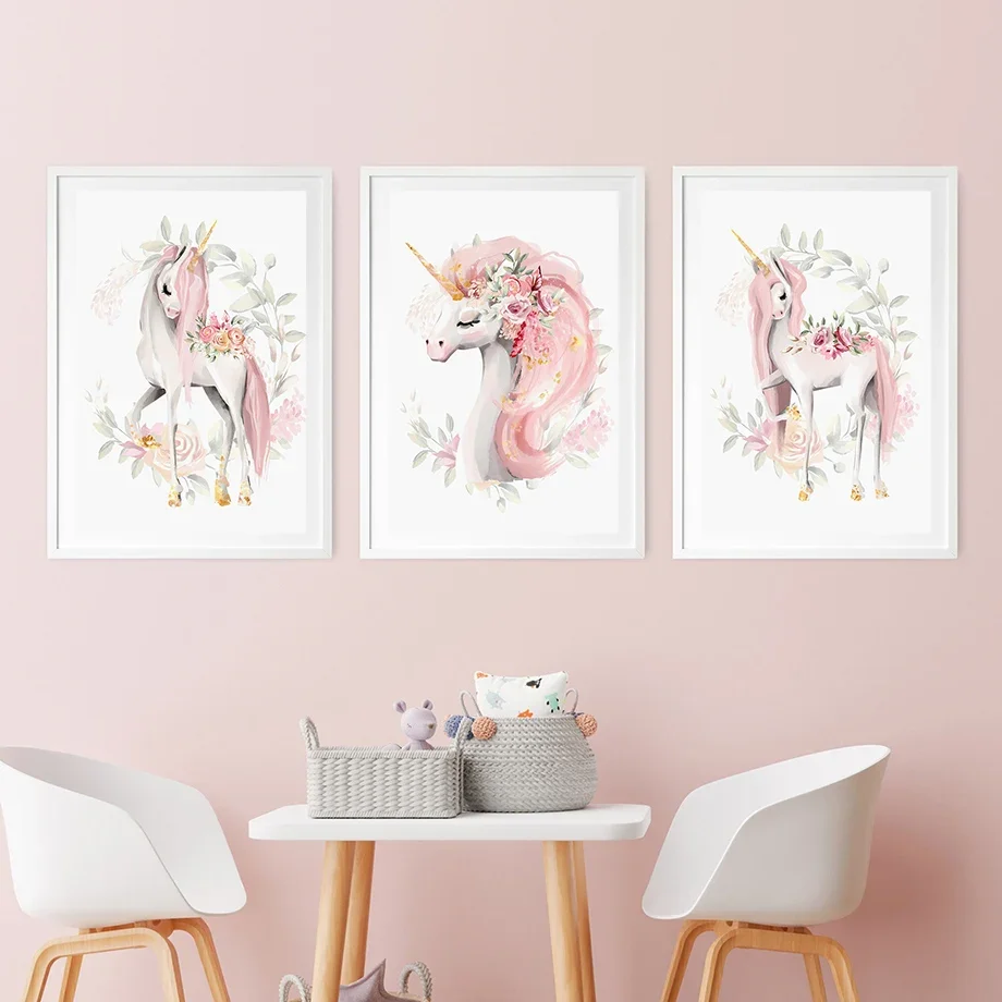 Cartoon Unicorn Flower Castle Princess Carriage Pink Wall Art Prints Canvas Painting Nursery Poster And Pictures Girl Room Decor