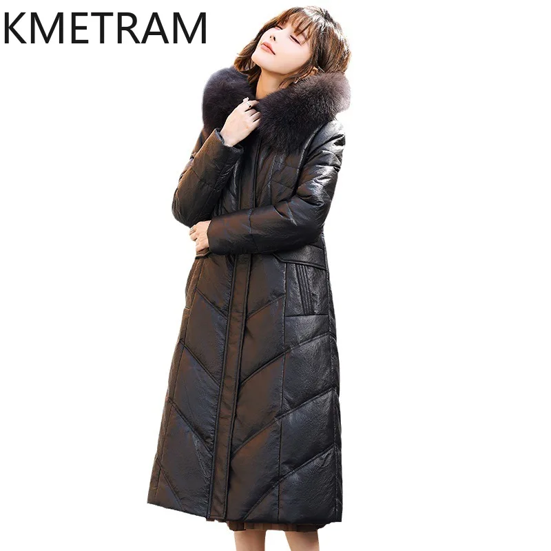 100 % Schaffell Daunenmäntel Damen Schwarz Echtes Leder Lange Pufferjacke Fuchspelzkragen 2025 Winterkleidung Frau вхок