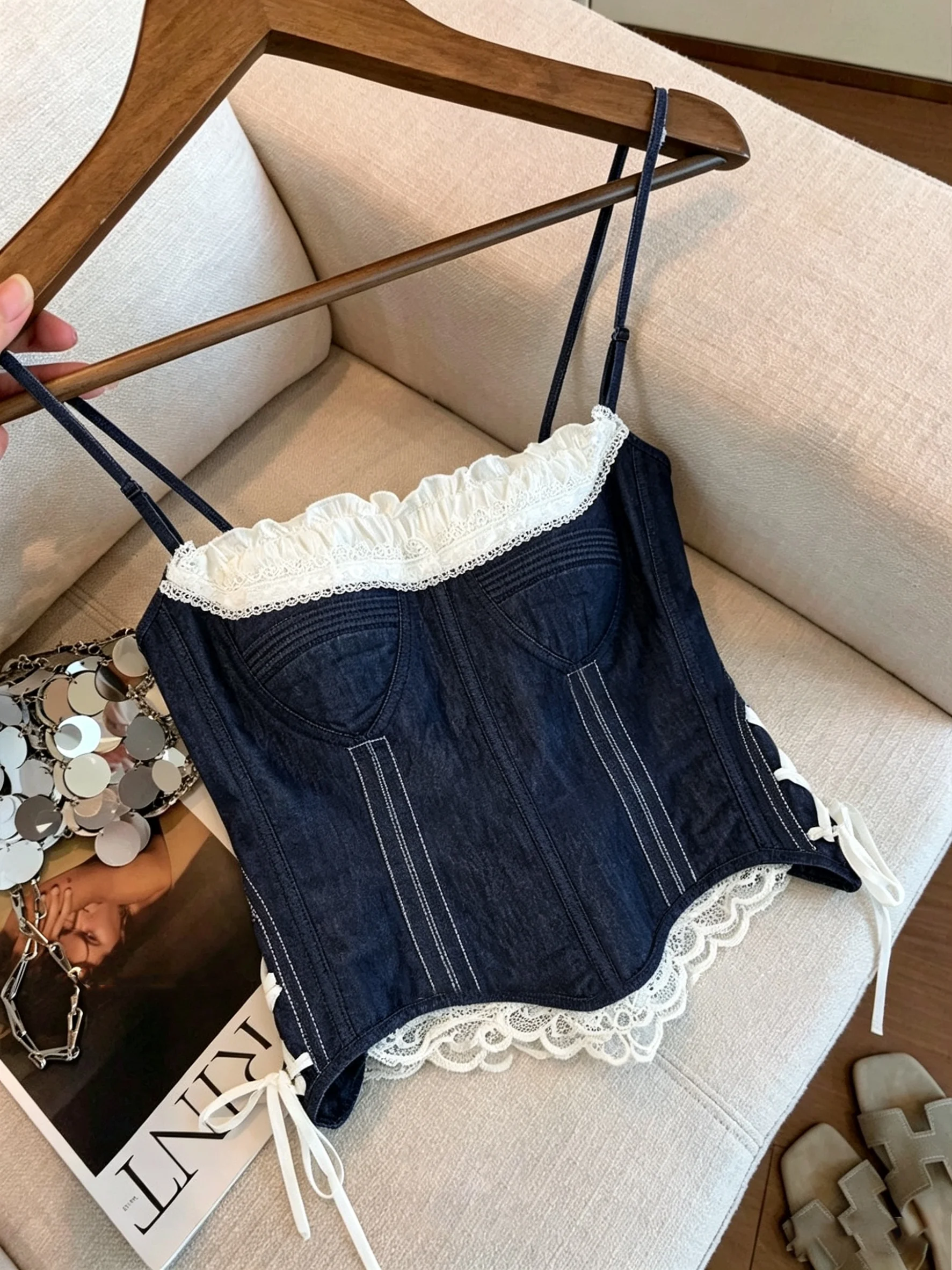 

Retro Sweet Spicy Denim Blue Waist-Cinching Strap Women's Summer Korean Chic Lace Wood Grain Slimming Top