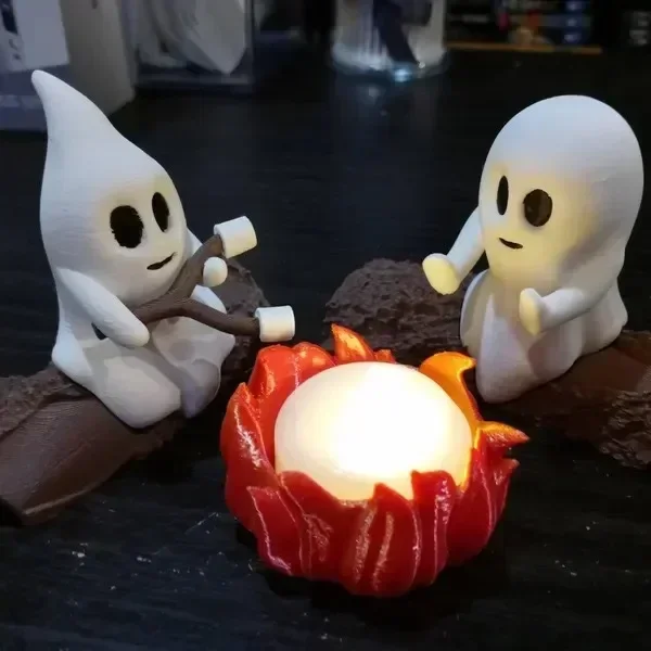 Halloween Niedliches Geister-Lagerfeuer-Szenen-Figurenset aus Kunstharz, Geister-Katzen-Hunde-Mini-Statue, Teelichthalter, Tischdekoration für die Feiertage – Detail 6