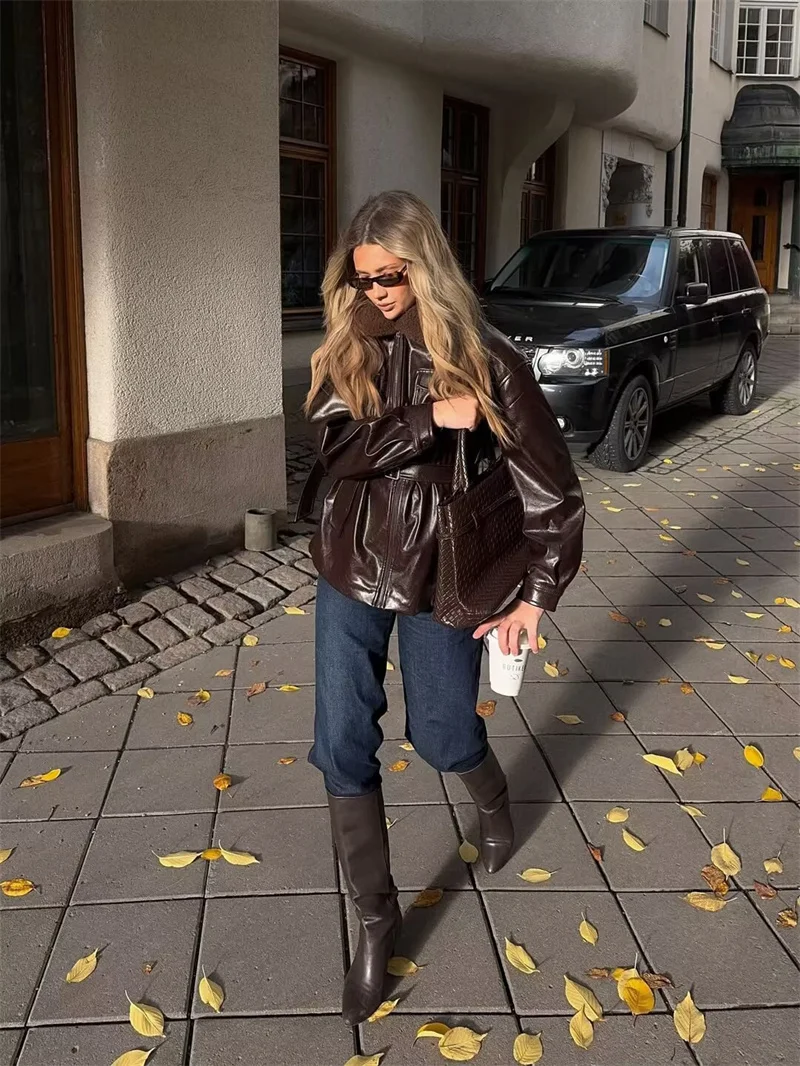 Women's Jacket 2025 Autumn New Style Reddish-Brown Long-Sleeve Jacket with Faux Fur Collar and Leather-Like Effect Casual