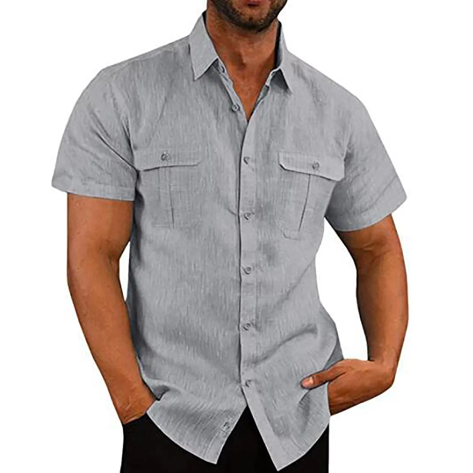 Camisas con botones para hombre, camisa informal de manga corta con cuello de solapa, Color sólido, Tops de verano