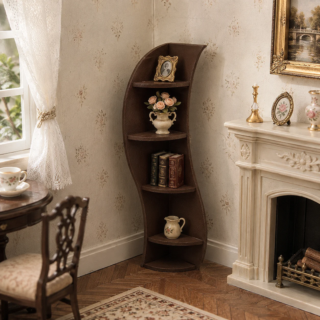 Dollhouse Furniture 1:12 Scale Miniature Corner Cabinet Shelf, Vintage Corner Display Storage Cabinet, Mini Furniture Decorative Shelf, Suitable for Dollhouse Living Room, Bedroom, Study, and Other Scene Arrangements Classic Style Design, Space-Saving, Can Be Used as a Display Rack, Storage Rack, and for Displaying Collectibles. Available in Two Colors, Suitable for Dollhouse Enthusiasts and Miniature Model Collectors to Create Exquisite Room Scenes.