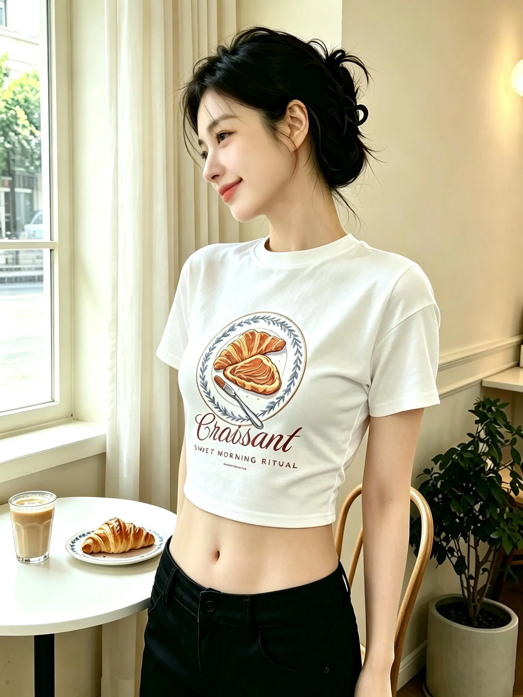 Croissant Sweet Morning Ritual Print Women Crop T-Shirt Summer Casual T Shirt Slim Cotton Short Sleeve O-Neck Y2K Elasticity Top