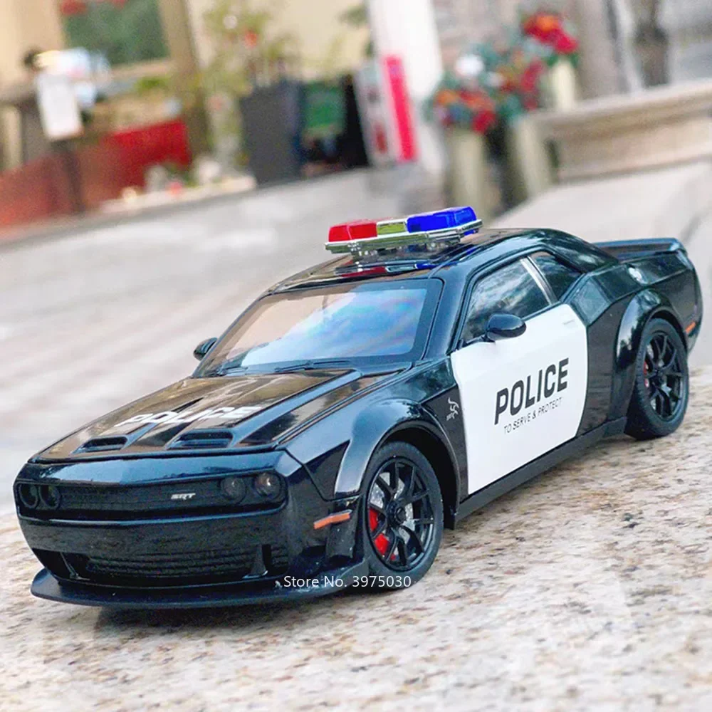 1:24 Dodge Challenger SRT Hellcat Model Zabawka Samochody policyjne Gumowa opona Miniaturowy samochód Ściągany światło Muzyka Pojazd Chłopcy Dorośli Prezenty