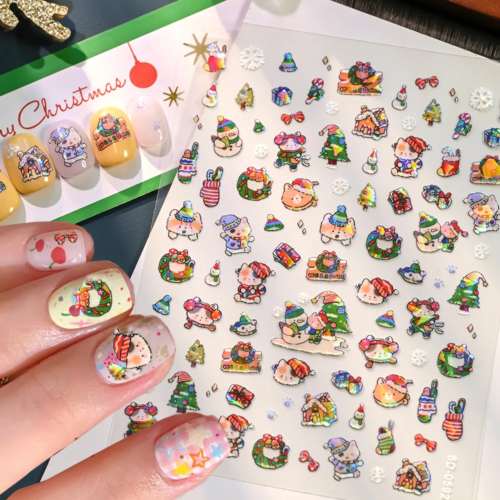 

5D Winter Snowman Cat Cute Christmas Nail Sticker 1PCS Dazzling Snowflake Bowknot Wreath Cartoon Nail Decals Xmas DIY Nail Decor