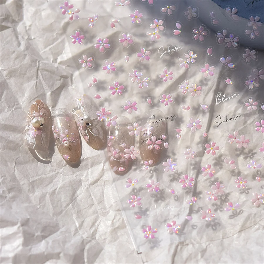 1 sztuk 5D brązujący Kawaii Shininy kwiat naklejki do paznokci japoński różowy Sakura samoprzylepne ozdoby do paznokci naklejki akcesoria