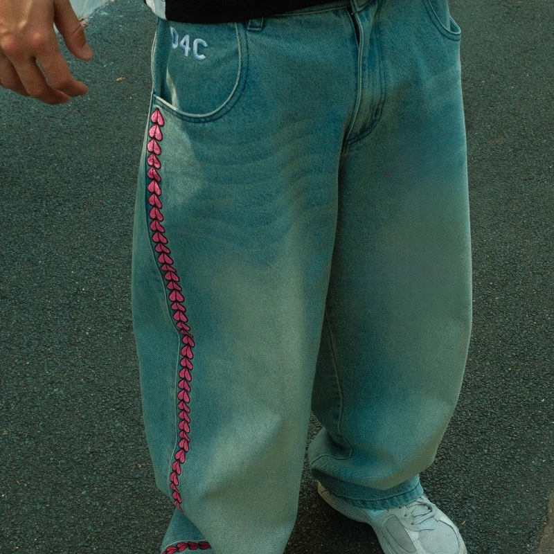 

Джинсы Y2K в стиле ретро с вышивкой Love Heart Edge Pocket Letter Джинсовые брюки Новые модные художественные хип-хоп готические уличные мешковатые брюки унисекс