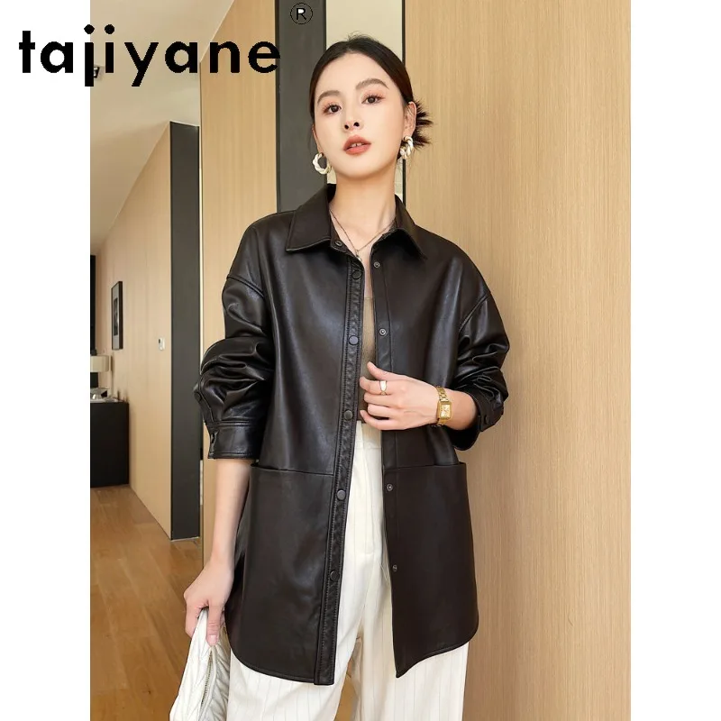 TAJIYANE Genuine Leather Jacket Women Vegetable Tanned Sheepskin Leather Blazer Coat Mid Length Oversized Jackets for Woman 가죽자켓