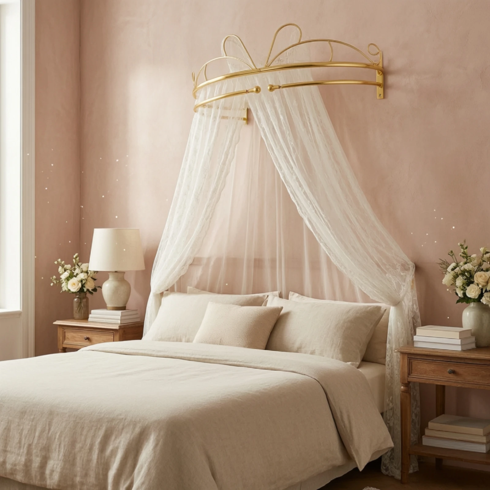 Gold Metal Canopy Bed Easy Assembly Wall-Mounted Canopy Frame with Bow-Shaped Crown Ornamental Wall Bed Crown Sleek Modern