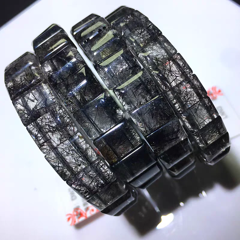 

Natural Black Rutilated Quartz Bangle Bracelet Clear Rectangle Beads Women Men Rare Brazil AAAAAA