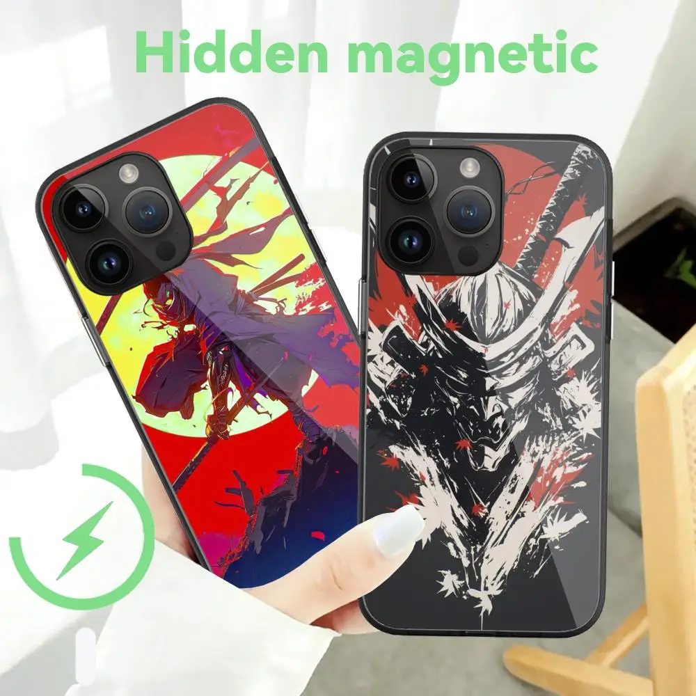 Ninja Warrior Phone Case For iPhone 15  Pro Max 14 13 12 11 Mini Plus Hidden magnetic Black Glass Cases