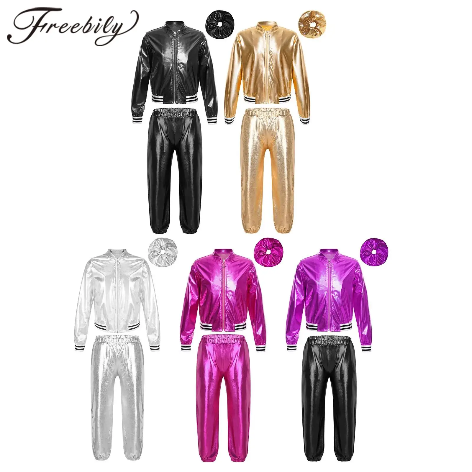 Children Jazz Dance Costume Girls Fashion Dancewear Suits Kids Streetwear Rave Disco Hip Hop Outfit Metallic Jacket with Pants
