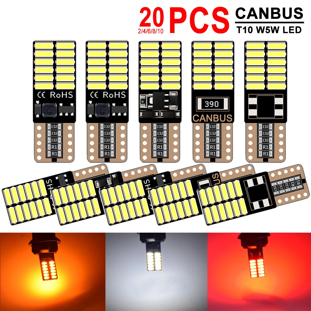 2-20 PCS 12V 24V T10 W5W LED Bulb CANBUS For Car Interior Dome Door Glove Box Trunk License Plate Lights 4014-24SMD White Yellow