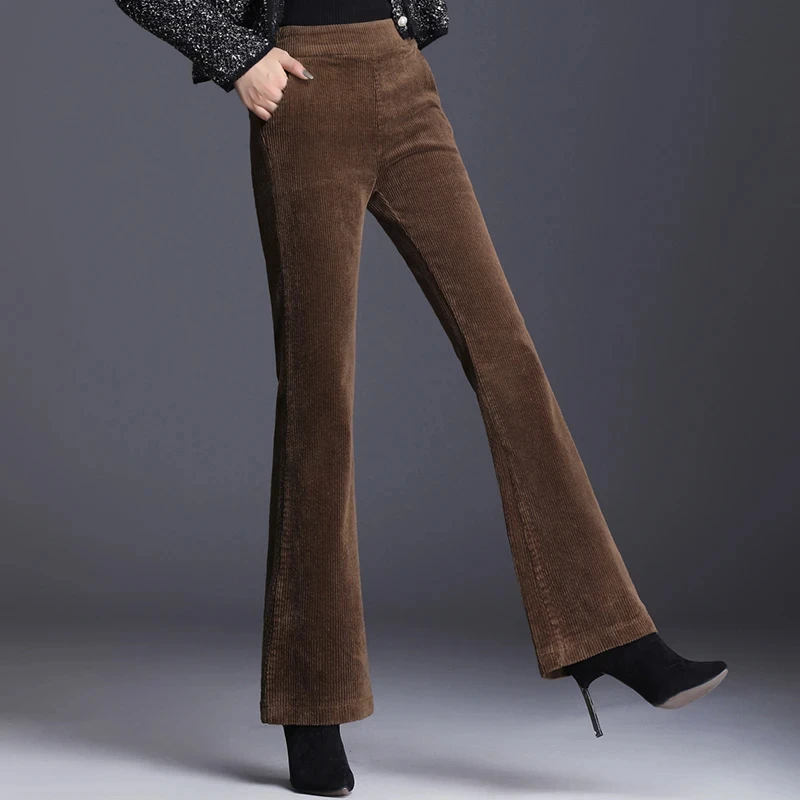 

Женские брюки-клеш из вельвета с высокой талией, весна 2024, повседневные, слегка расклешенные, для среднего возраста, больших размеров