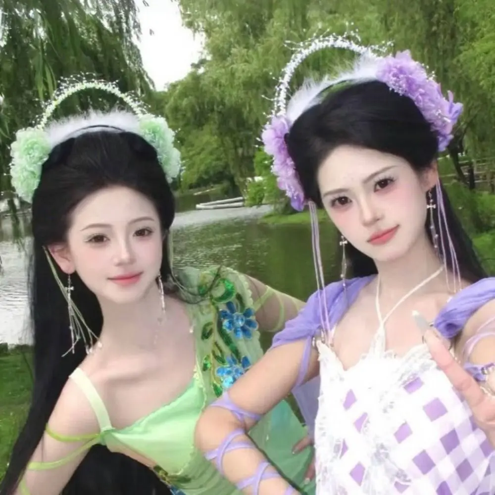 

Lovely Feather Flower Headband Seven Fairy Bead Tassel Hair Hoop Chinese Style Ancient Hanfu Hair Accessories Cosplay