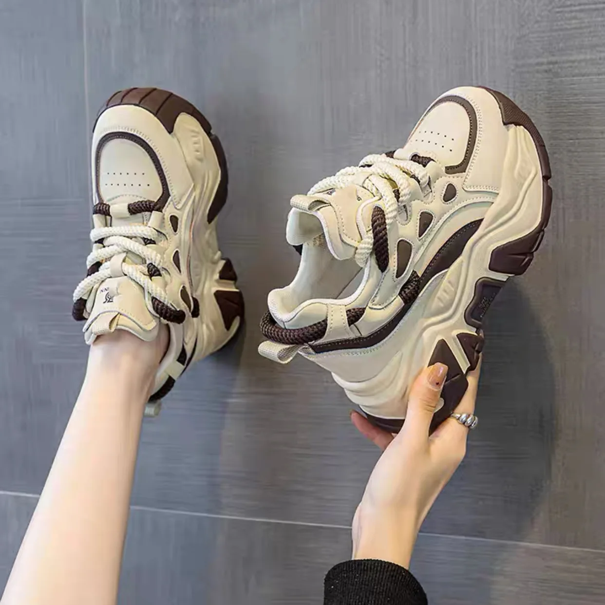 Platform Chunky Dad Shoes for Women Spring Autumn New Height-increasing Thick Sole Sneakers Versatile Lace-up Wedge Casual Shoes - view 4