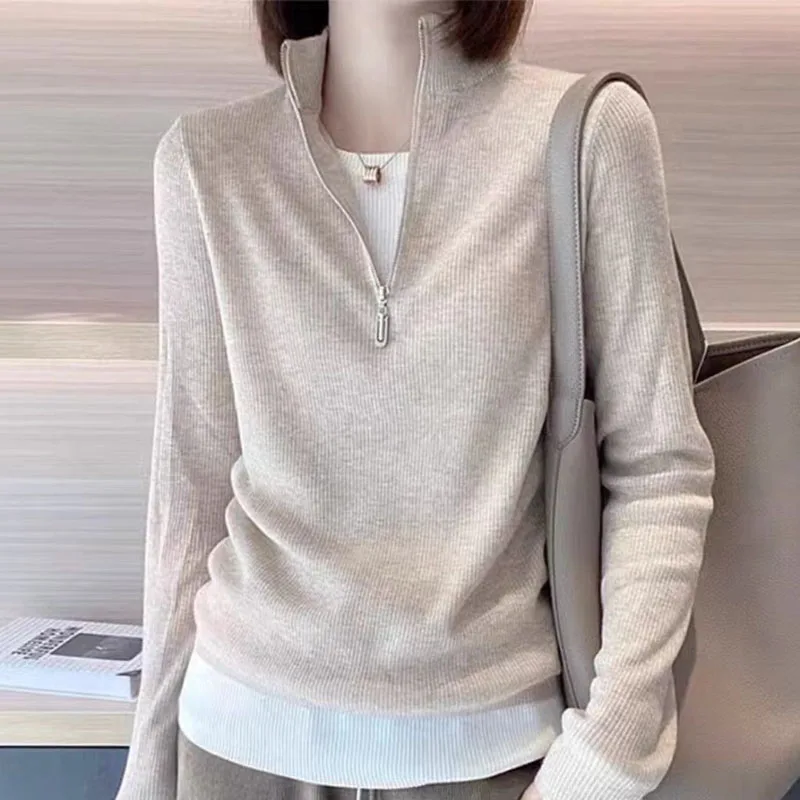 Fake Two-Piece Spliced Half Zipper Stand Collar Wool Knitted Sweater Autumn Winter Slim Fit Pullover Long Sleeved Tops For Women