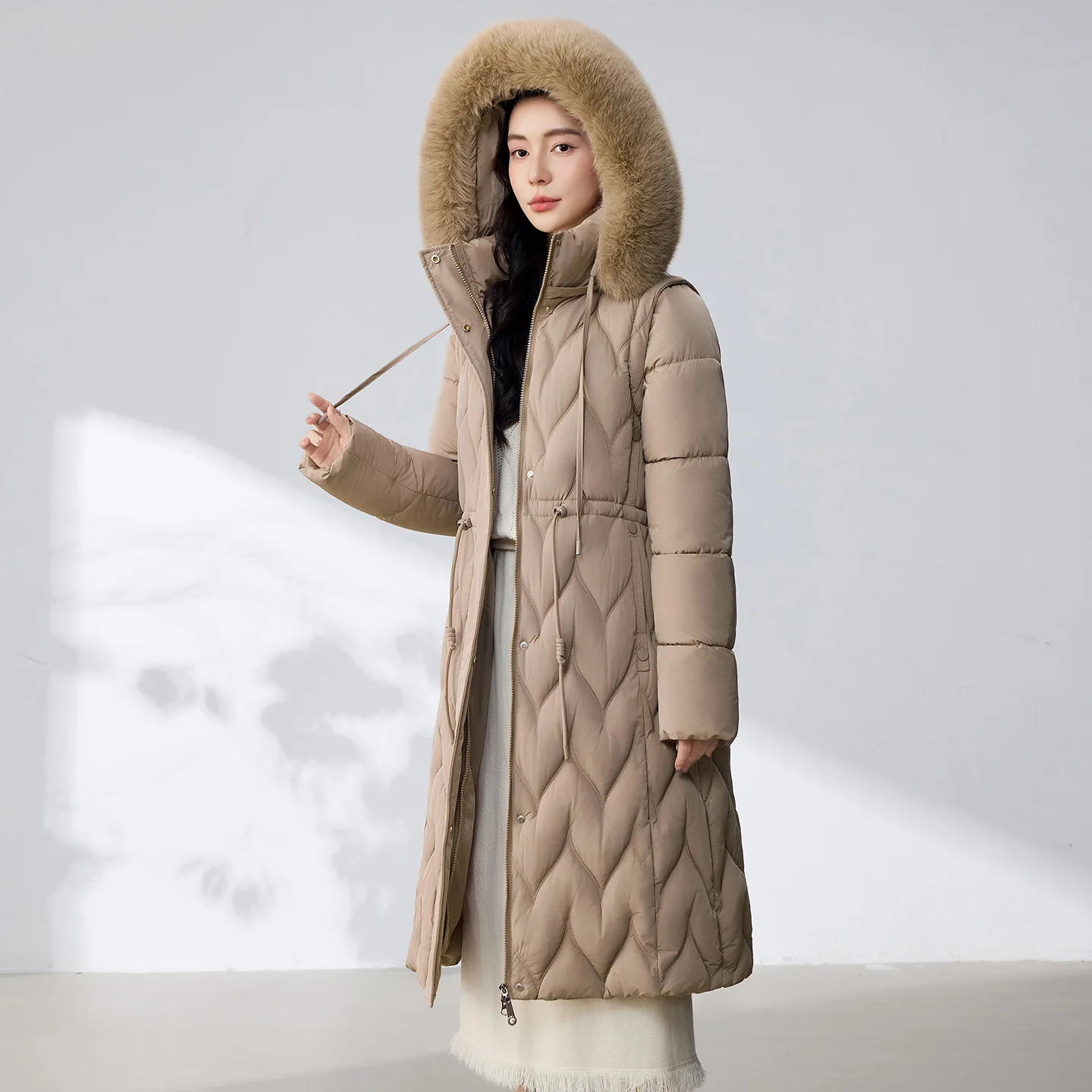 Women's Long Cotton Coat Autumn Winter Casual WarmDetachable Sleeves Mid-length Fur Collar Jacket Thickened Hooded Outwear