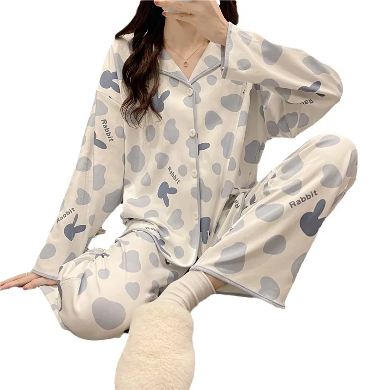 Ladies Pajamas New Long-Sleeved Homewear Female Spring and Autumn Thin Cardigan Suit Cartoon Cute Sweet Girl Student Homewear