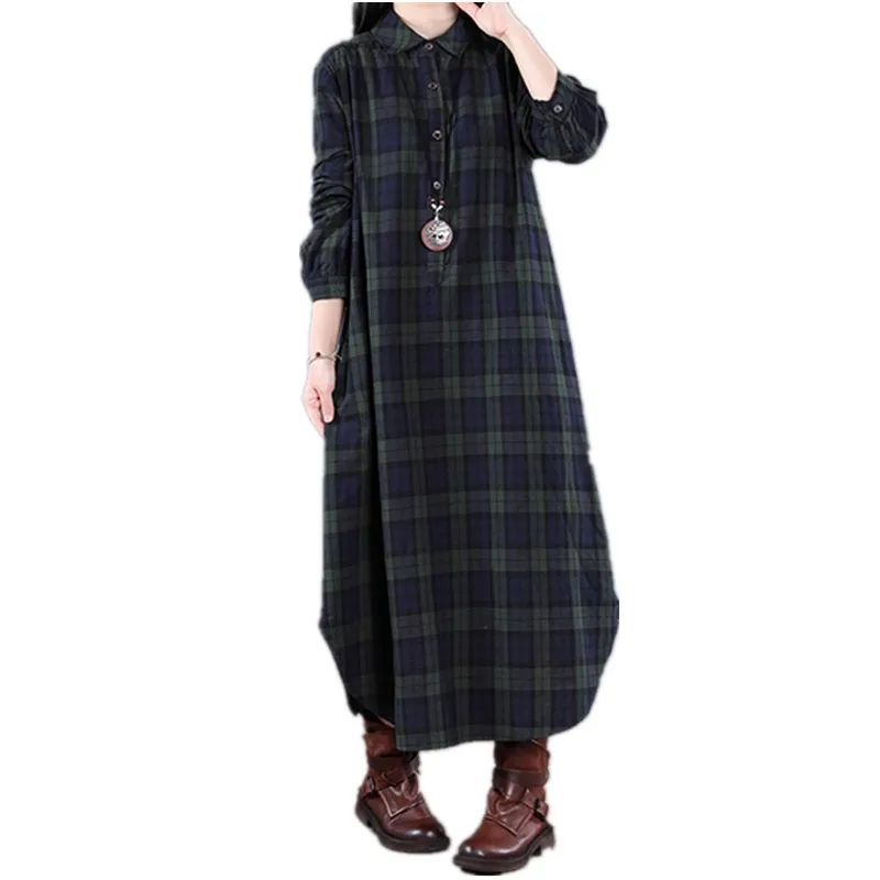 Frühling Und Herbst Neue frauen Mode Lose Spleißen Plaid Kragen Taste Langarm Kleid Medium Länge Hemd Maxi Kleider 2026