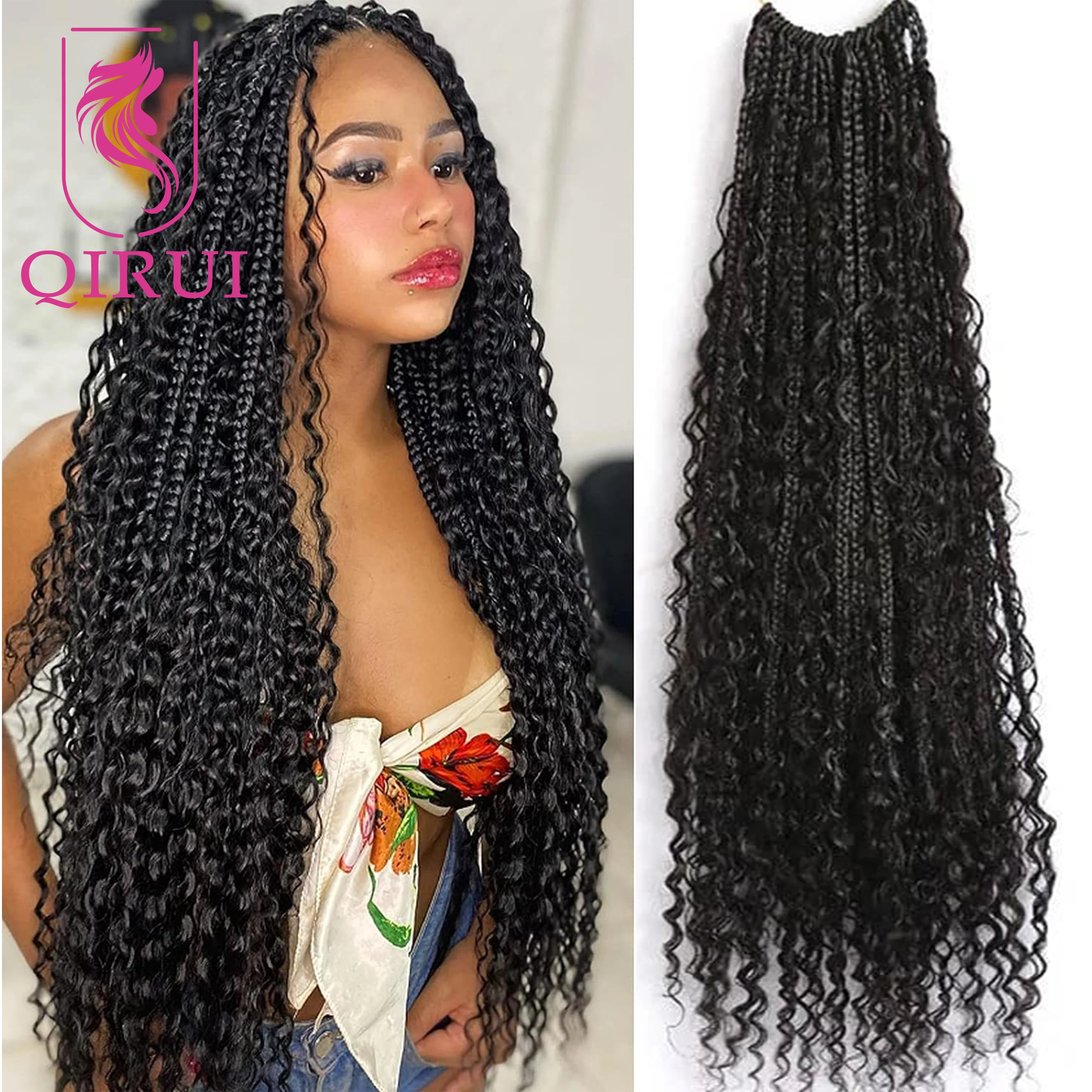 Boho Box Braids Crochet With Human Hair Curls Synthetic Braiding Pre-looped Goddess Hair Extensions Boho Knotless Braids 24INCH