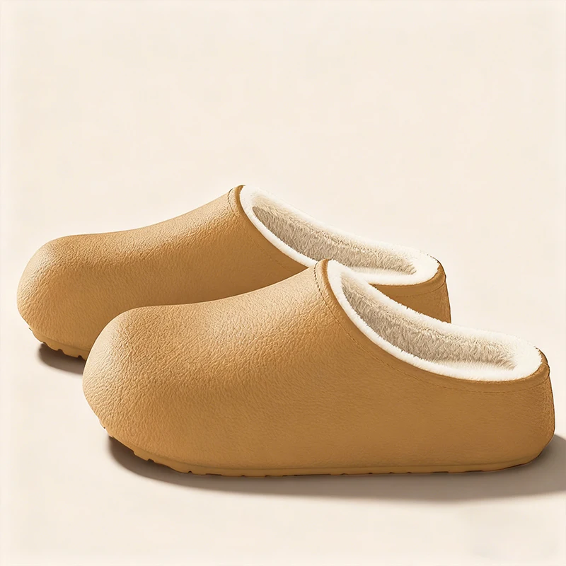 

Водонепроницаемые кожаные сабо, тапочки для женщин и мужчин - теплая домашняя обувь на нечеткой подкладке, нескользящие домашние и уличные зимние тапочки