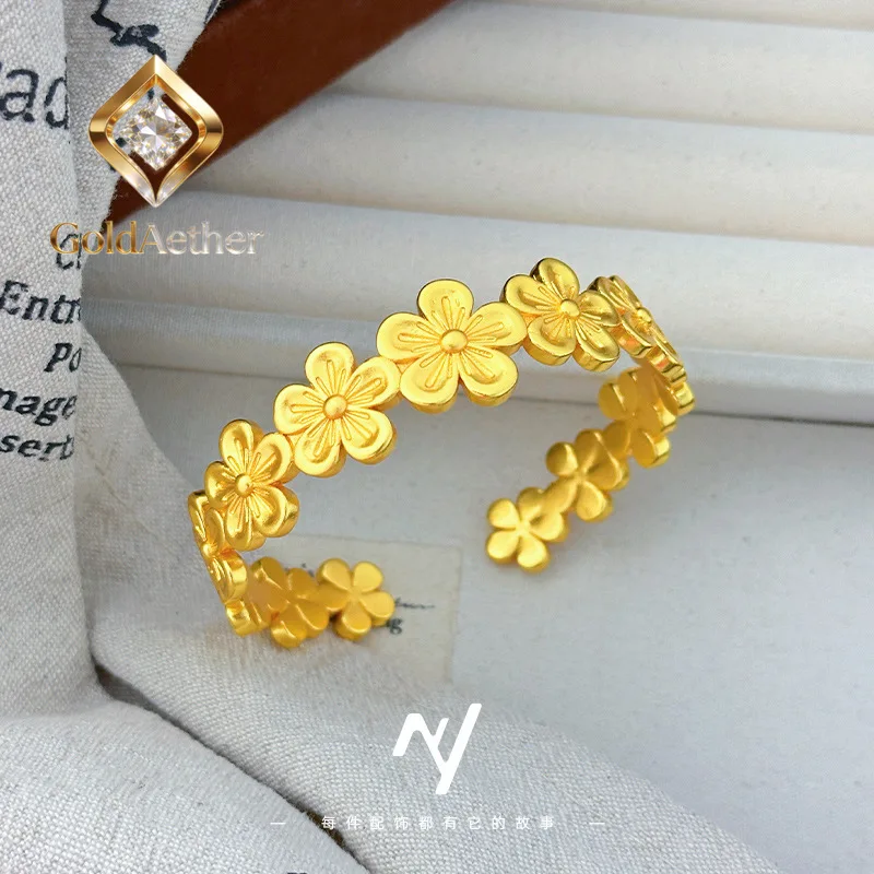 

Роскошный браслет GoldNouveau из чистого золота 24K 9999 пробы, женский, в китайском стиле, с узором цветов сливы и персика, открытый.