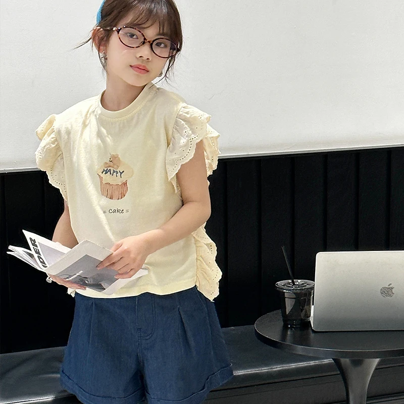 

Футболка с короткими рукавами для девочек, летняя модная брендовая футболка в западном стиле, детский милый модный топ в корейском стиле.
