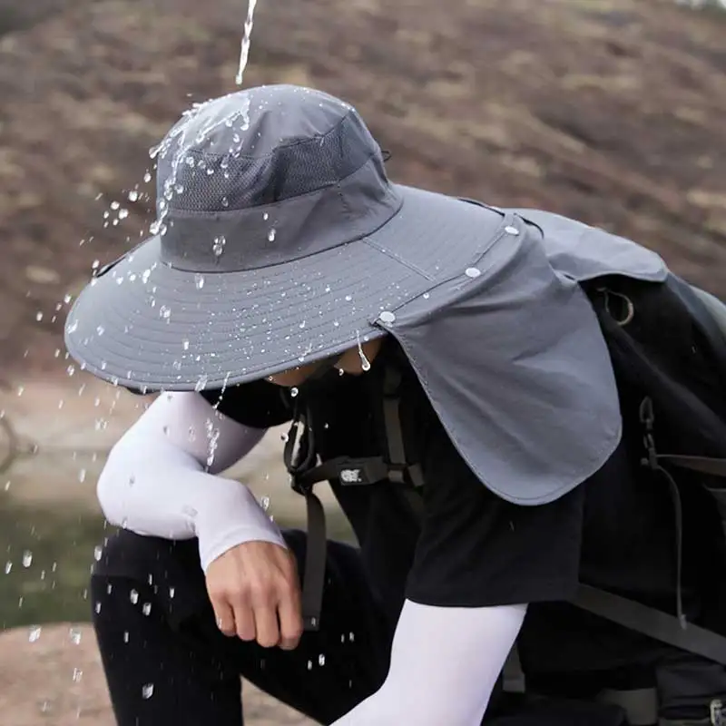 Unisex Bucket Hat with Shawl Waterproof Outdoor Hiking Fishing Cap Removable Big Eaves Face Neck Protection Sunscreen Caps Men