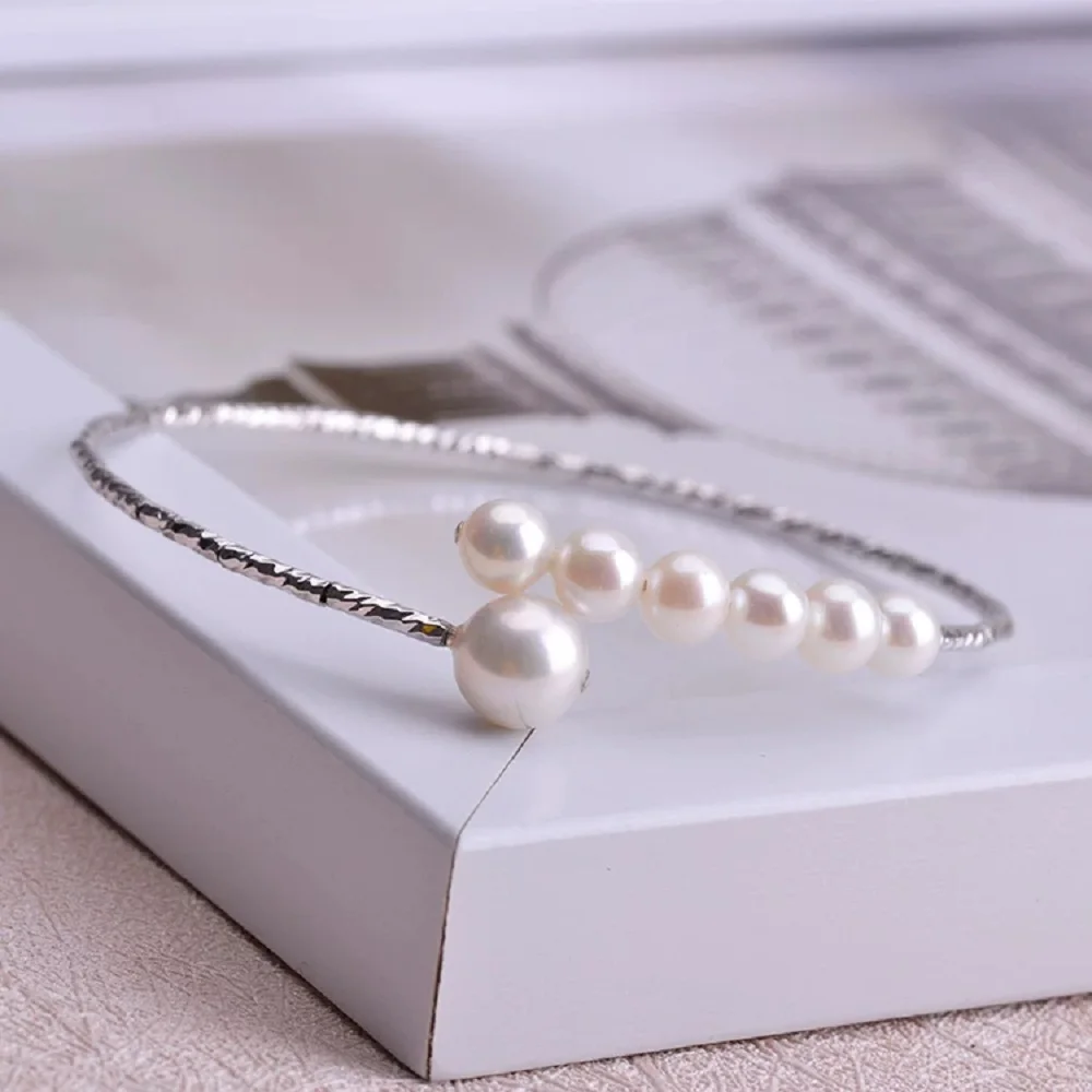 Fashionable, minimalist, high-end design AAAA5-8mm natural pearl opening bracelet 925s adjustable