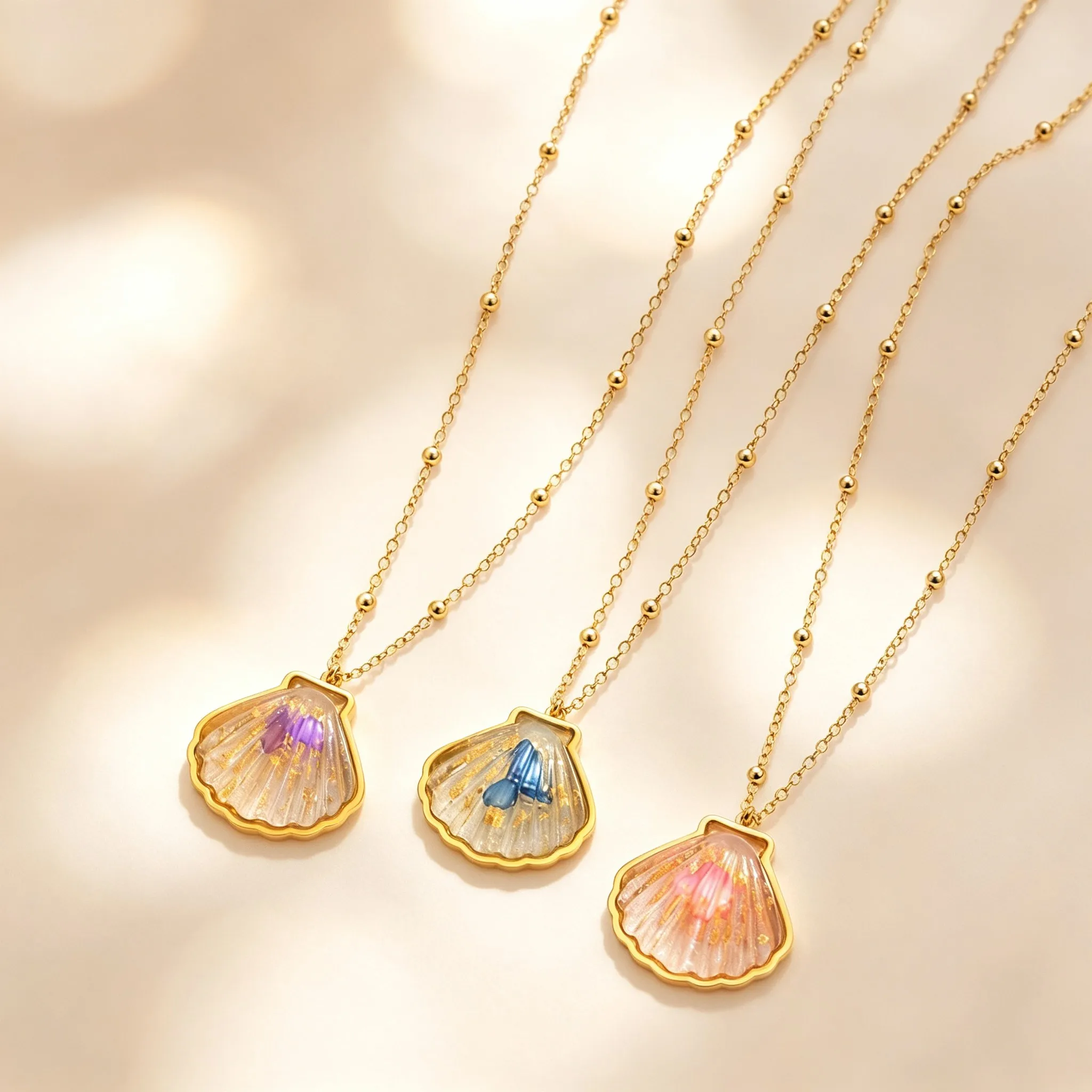 Muschel-Meerjungfrauenflosse-Halskette für Frauen, Edelstahl-Perlenkette mit Muschelanhänger, Strand-Sommer-Schmuck, Halskette im Ozean-Stil