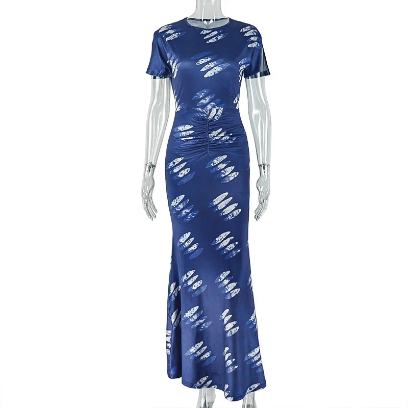 

Elegant Printed Ladies' Socialite Slim Fit Dress with Hip Hugging Skirt, Round Neck Short Sleeved Fashionable Dress