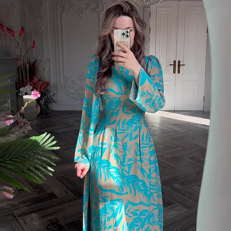 Muslim Women Dress Long Dresses Party Print Round Neck Long Sleeve Casual Loose Maxi Elegant A Line Long Vestidos Pleated