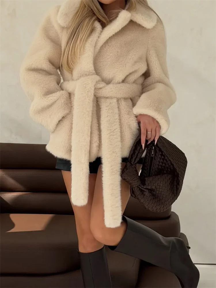 Prendas de vestir holgadas de piel sintética con cordones para mujer, prendas de vestir elegantes de cintura alta para ir al trabajo, chaqueta de piel sintética para mujer 2025