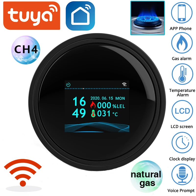 Tuya Wifi Leck Mit Temperatur Funktion Brennbaren Gas Detektoren Unterstützung Home Smart Leben Erdgas Alarm Sensor LCD Display
