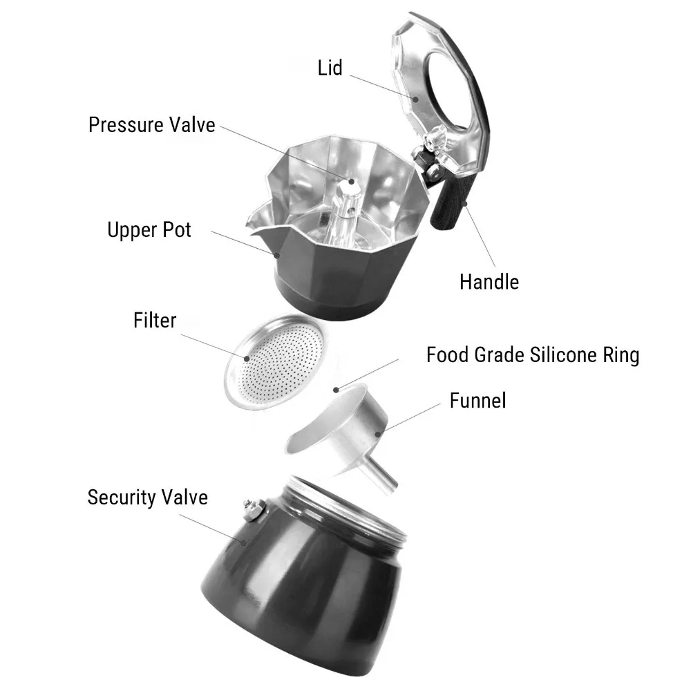 Aluminum Alloy Stovetop Coffee Maker 2 Cup Capacity Double Valves Stovetop Espresso Maker High Pressure Extraction 100ml Volume