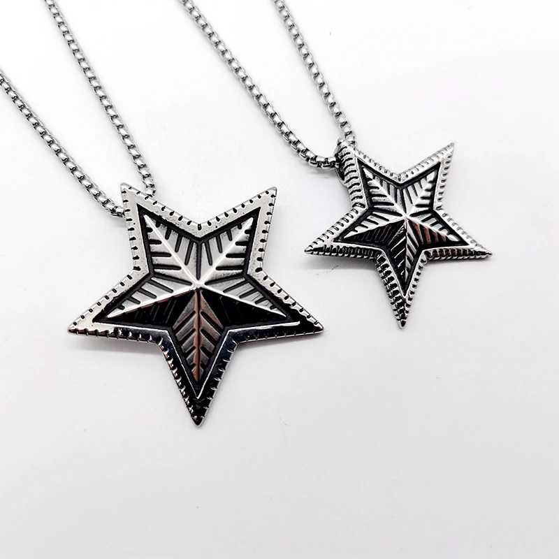 Antique Silver Stainless Steel 5 Pointed Star Pendant Necklace Mens Hip Hop Rock Fashion Star Jewelry Necklace