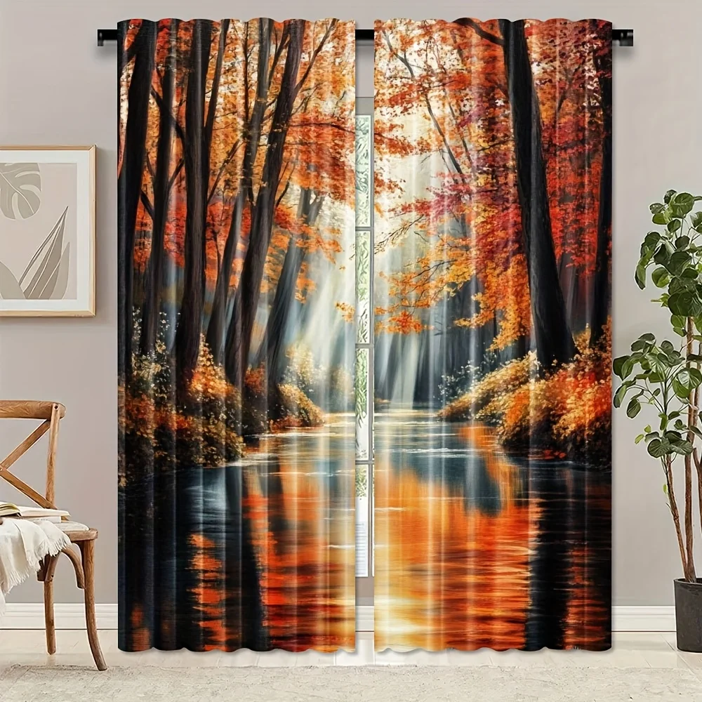 Cortina con Tema de Arroyo en el Bosque Otoñal, 2 Paneles, Tronco Alto, Hoja Roja Anaranjada, Rayos de Sol Suaves, Cortina para Sala de Estar, Decoración Rústica Retro para el Hogar