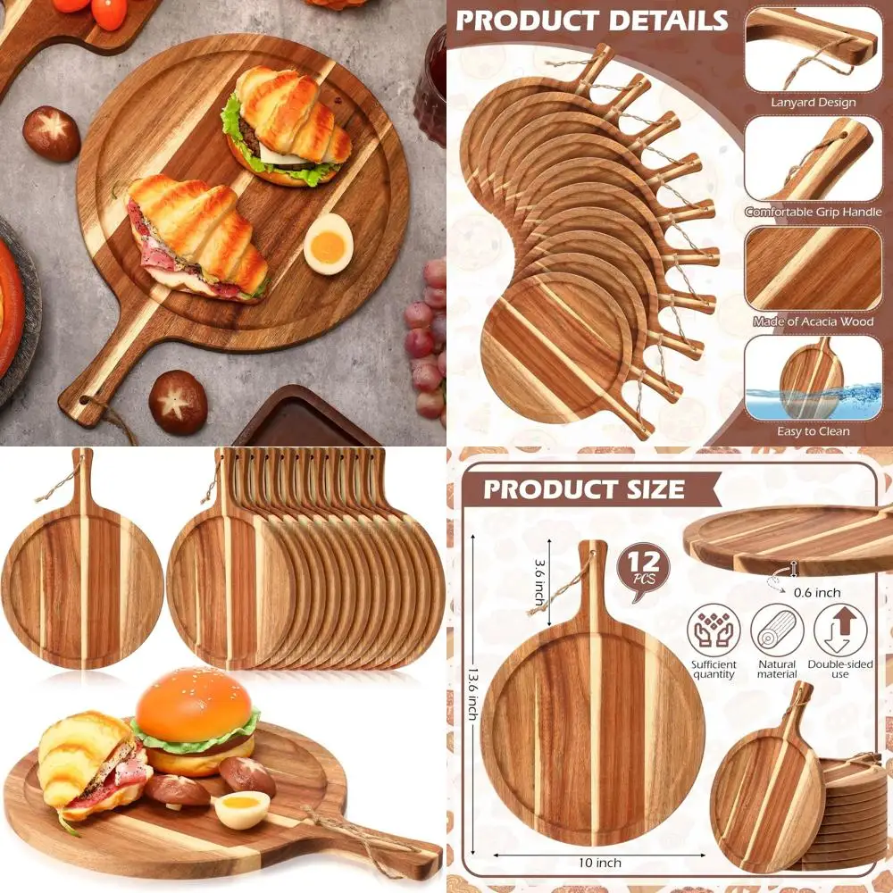 

Набор из 12 деревянных круглых разделочных досок из акации с ручками, идеально подходят для сервировки на кухне и тарелок для посуды