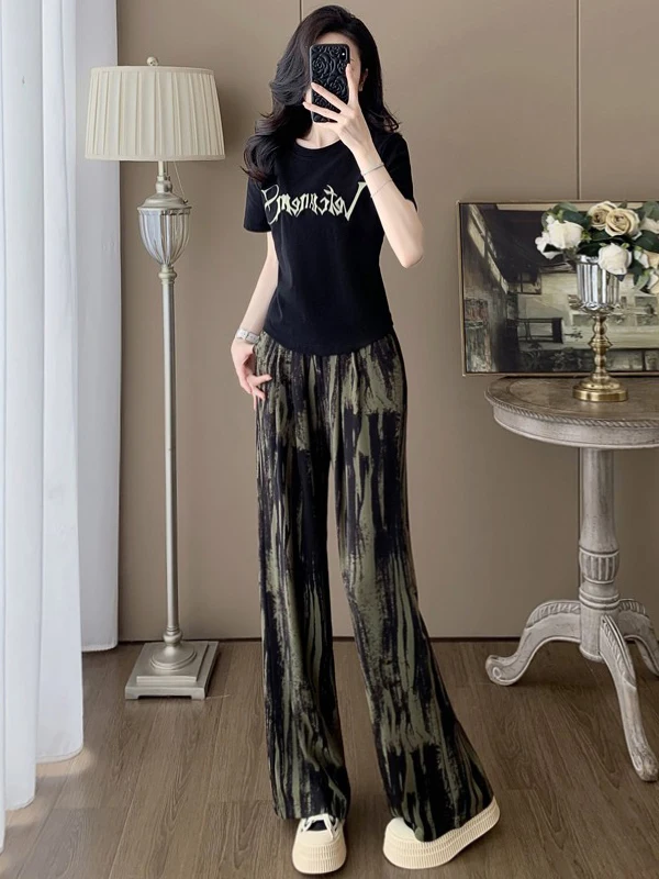 

Fashionable Casual Sportswear Set Women's Slimming Black Short Sleeve T-Shirt Wide Leg Pants Two Piece Set Summer 2026