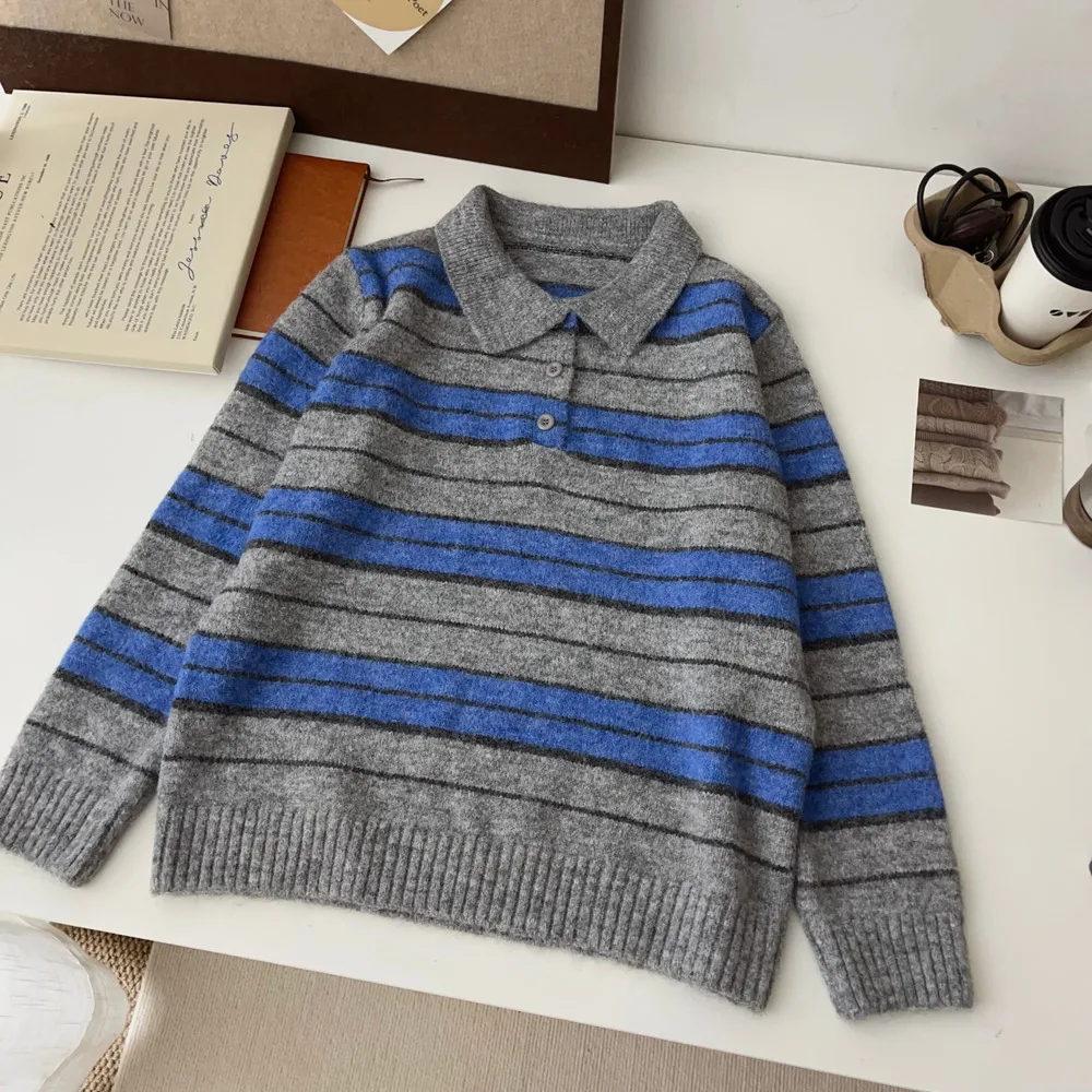 

Вязаный свитер в серо-синюю полоску с отложным воротником, свободный повседневный топ для женщин